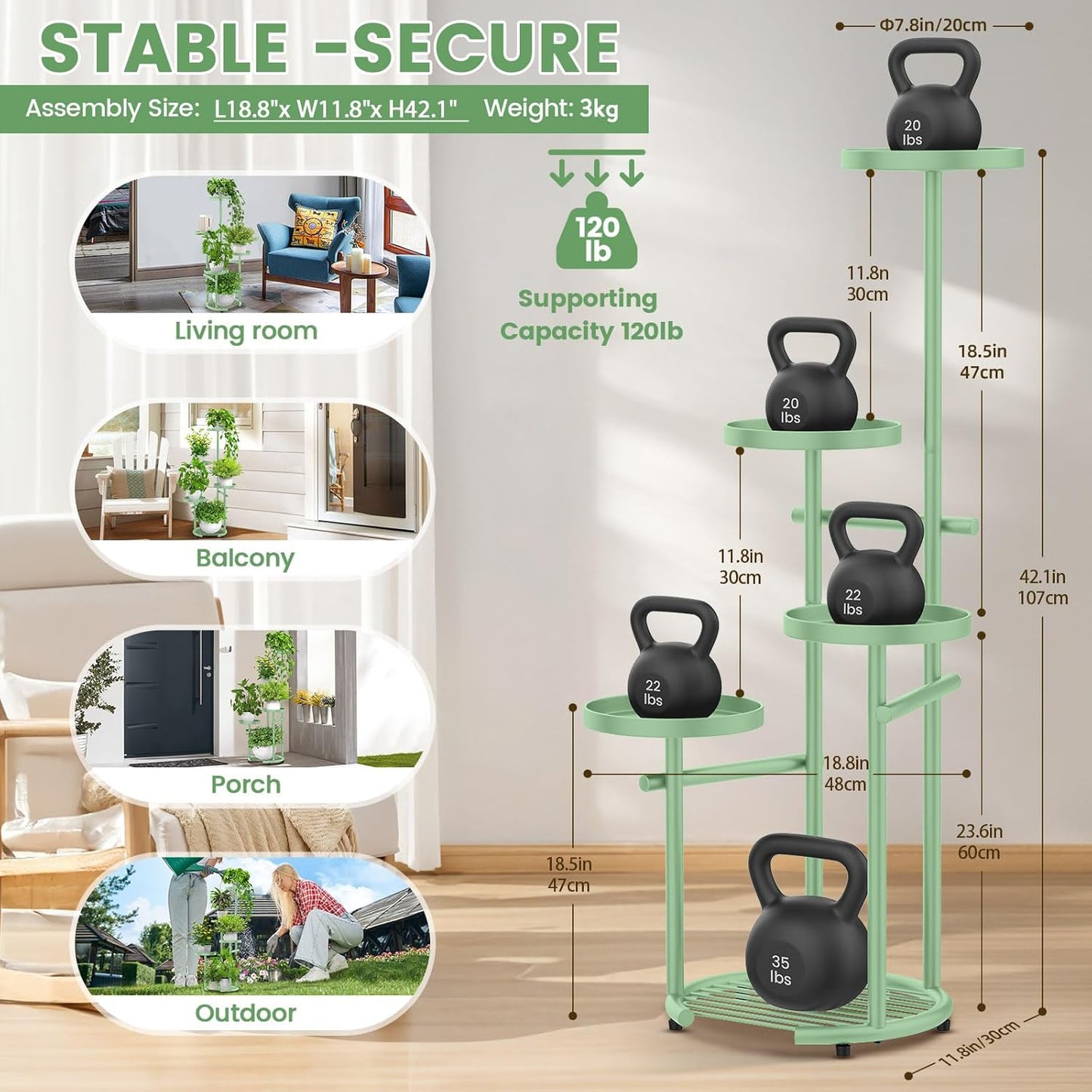 TOSKING 5 Tier Metal Plant Stand Indoor， Plant Shelf, Corner Shelf Flower Pot Stand for Outdoor Plant Stand for Living Room Balcony Garden Patio Bedroom (Green, 42inches)