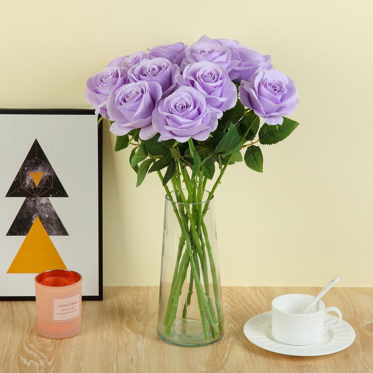 12pcs Light Lavender Roses Artificial Flowers Fake Roses Silk Flowers Roses with Long Stems for Wedding Home Party Centerpieces Decorations