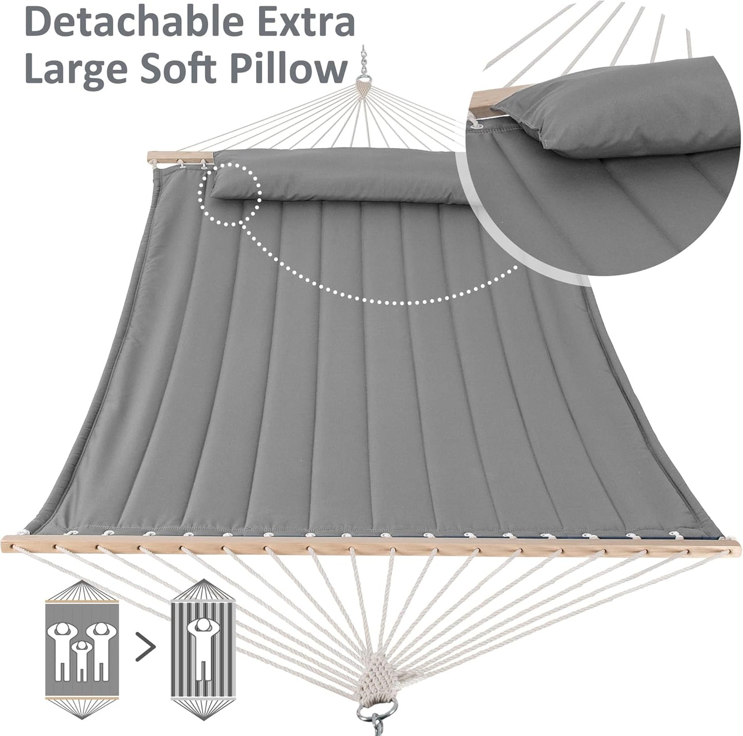 SUNCREAT Portable Double Hammock with Hardwood Spreader Bar, Extra Large Outdoor Hammock with Soft Pillow, 475 lbs Capacity, Light Gray