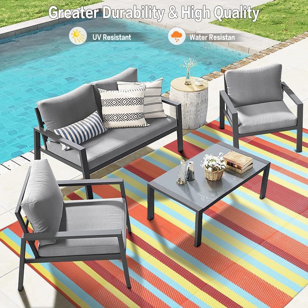 Outdoor Waterproof Rug 8'x10' Plastic Straw Rugs Washable Reversible Floor Mat Rainbow Stripe Carpet for Camping RV Deck Entryance Porch Picnic Balcony Beach Backyard