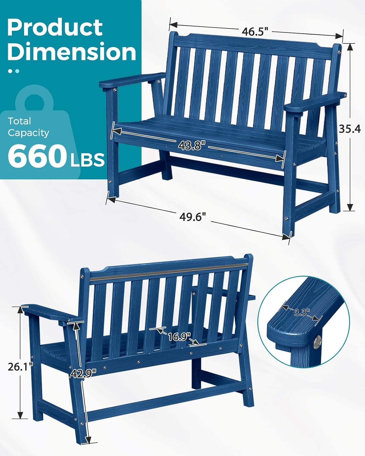 Outdoor Bench, 2-Person HDPE Garden Bench, All Weather Poly Patio Bench for Outdoors, Garden, Backyard, Porch and Park, 660 lbs Weight Capacity, Navy Blue, 2 Pack
