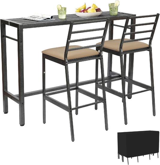 3Pcs Outdoor Patio Bar Set with Cover, 55" Rectangular Pub Height High Top Bar Table with 2 Cushioned Bar Stools, Metal Bar Table and Chairs Set for Outside, Patio, Balcony, Deck