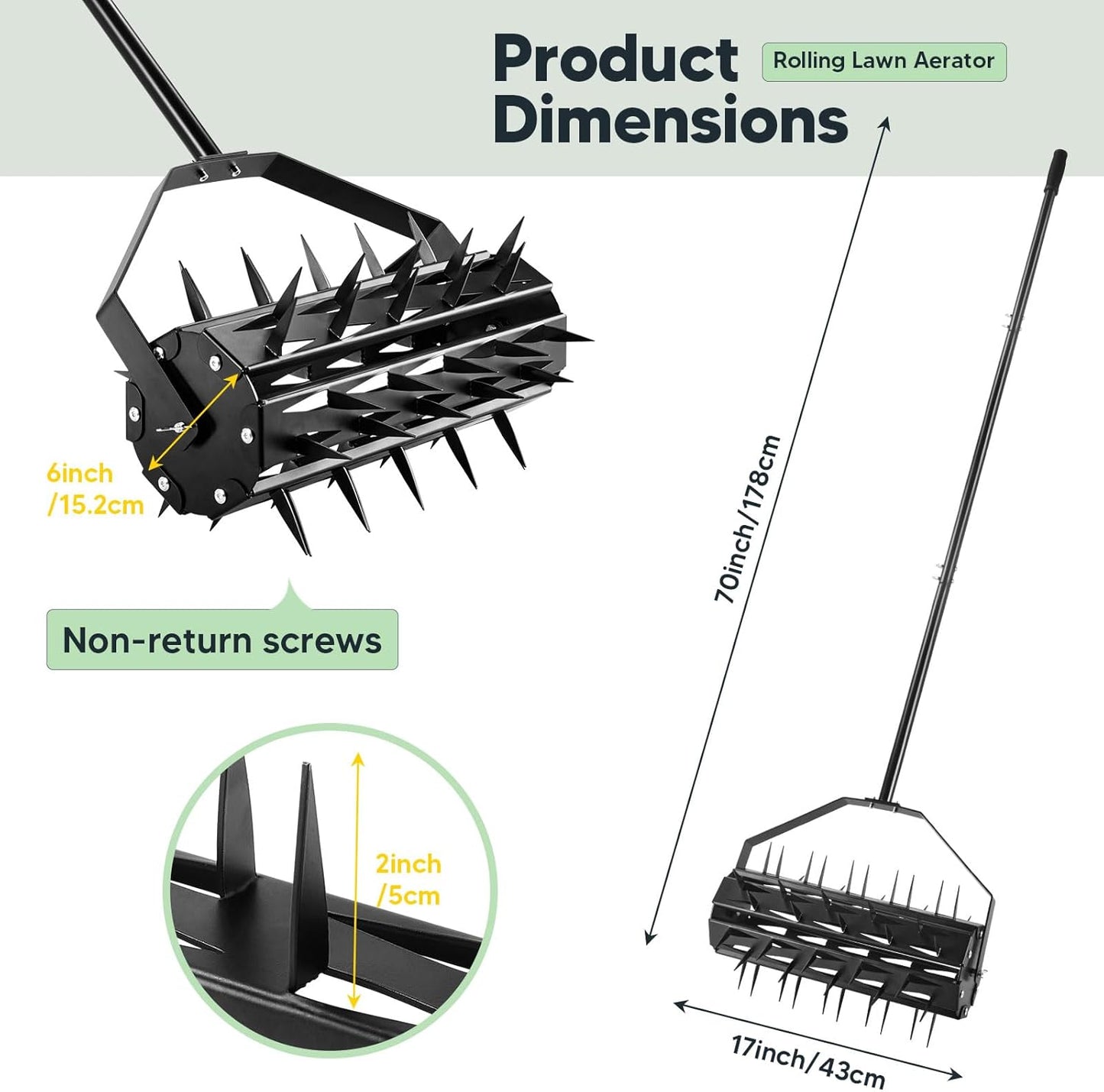 Rolling Lawn Aerator, Rotary Spike Lawn Aerator, Heavy Duty Manual Aerator Lawn Tool, 17-Inch Push Spike Aerator Roller with Adjustable Steel Handle for Garden, Lawns, Patio and Yard Grass Aeration