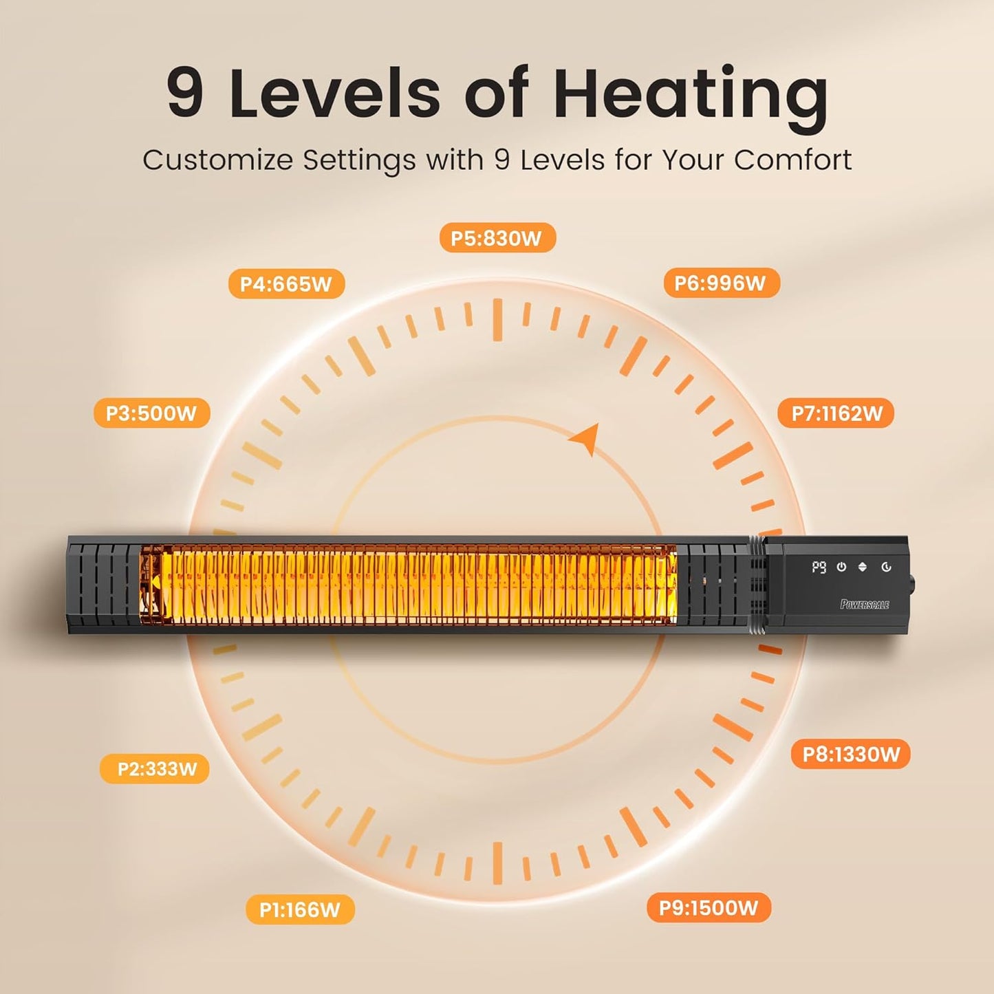 Infrared Heater 24H Timer Outdoor Heater, IP65, Memory Function Infrared Electric Patio Heater, 9 Levels Heating Touchscreen With Remote Electric heater, Restaurant Backyard, 1500W, Black