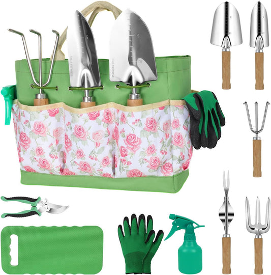 LeMotech Garden Tools Set, 10-Piece Heavy Duty Garden Hand Tools Kit with Wooden Handle, Durable Organizer Bag for Garden Supplies, Gardening Gifts for Women Grandmother, Pink Floral Pattern