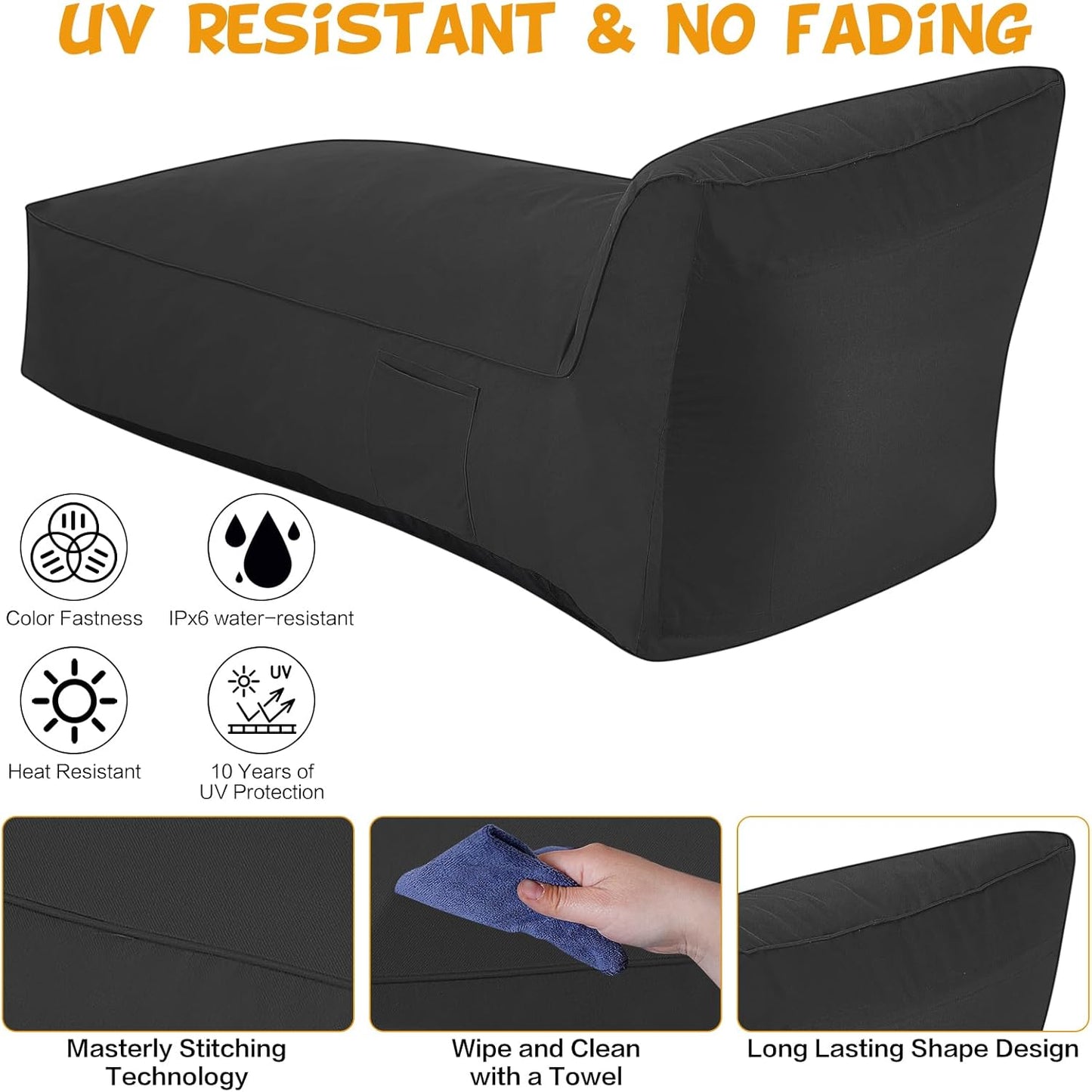 Modern-Depo Outdoor Chaise Lounge Chair, Sunbed UV Resistant Sofa Couch Patio Furniture Waterproof Outside Sunlounge Reclining Sunbathing Bed Comfy Single Chaise Daybed for Garden, Pool, Beach, Black