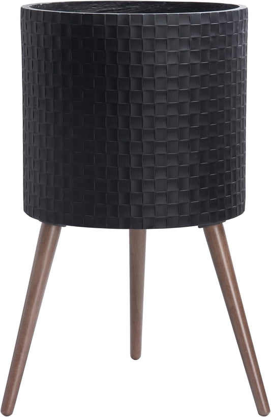 D'vine Dev 16 Inch Modern Geometric Tile Patterned Sleek Planter Pot with Stand, Indoor Outdoor Decorative Plant Holder, Matte Black, 88-Z-E-2
