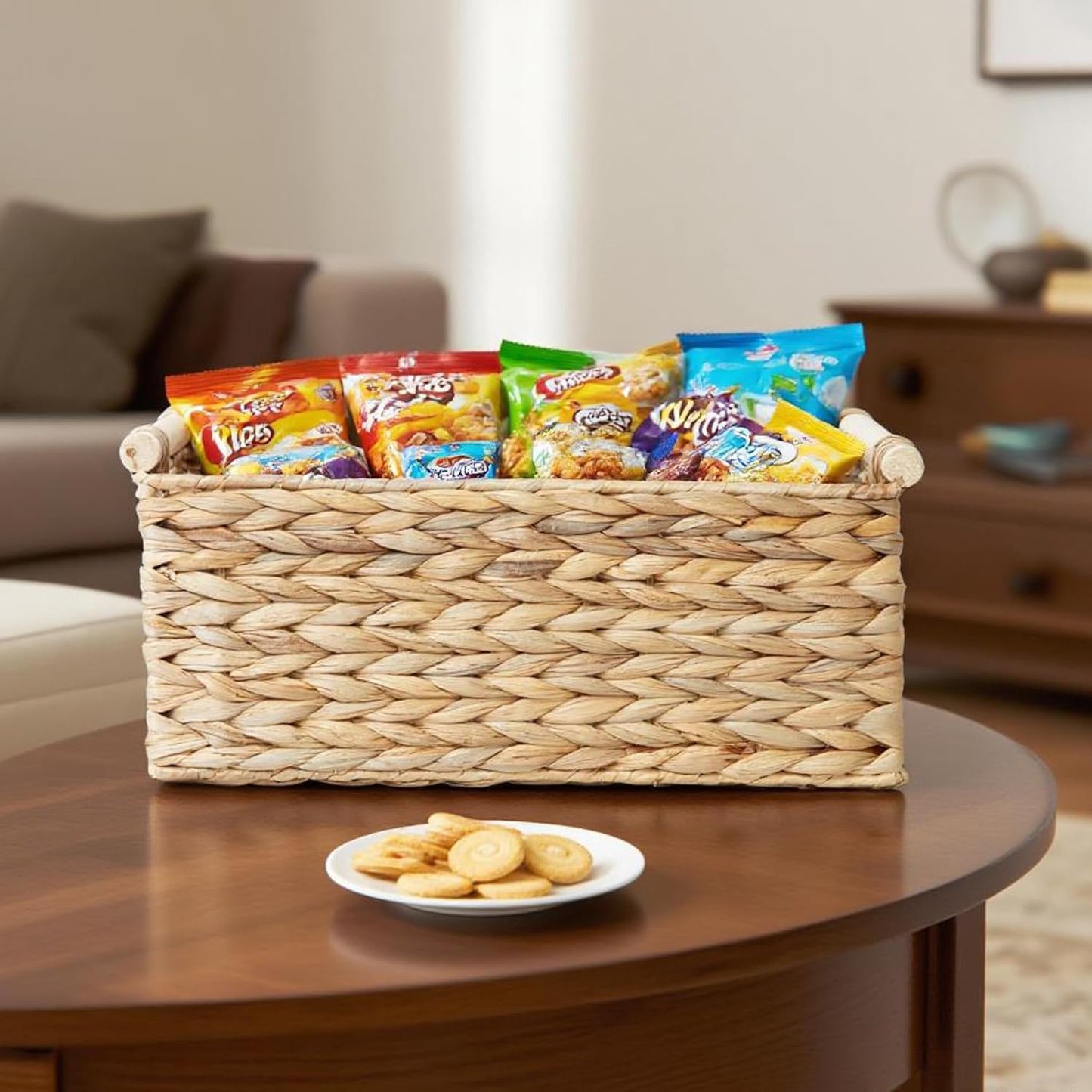 Handmade Water Hyacinth Woven Storage Baskets with Wooden Handles, Rectangle Rustic Organizer Set for Home Decor, Kitchen, Bedroom & Office (Set of 3)