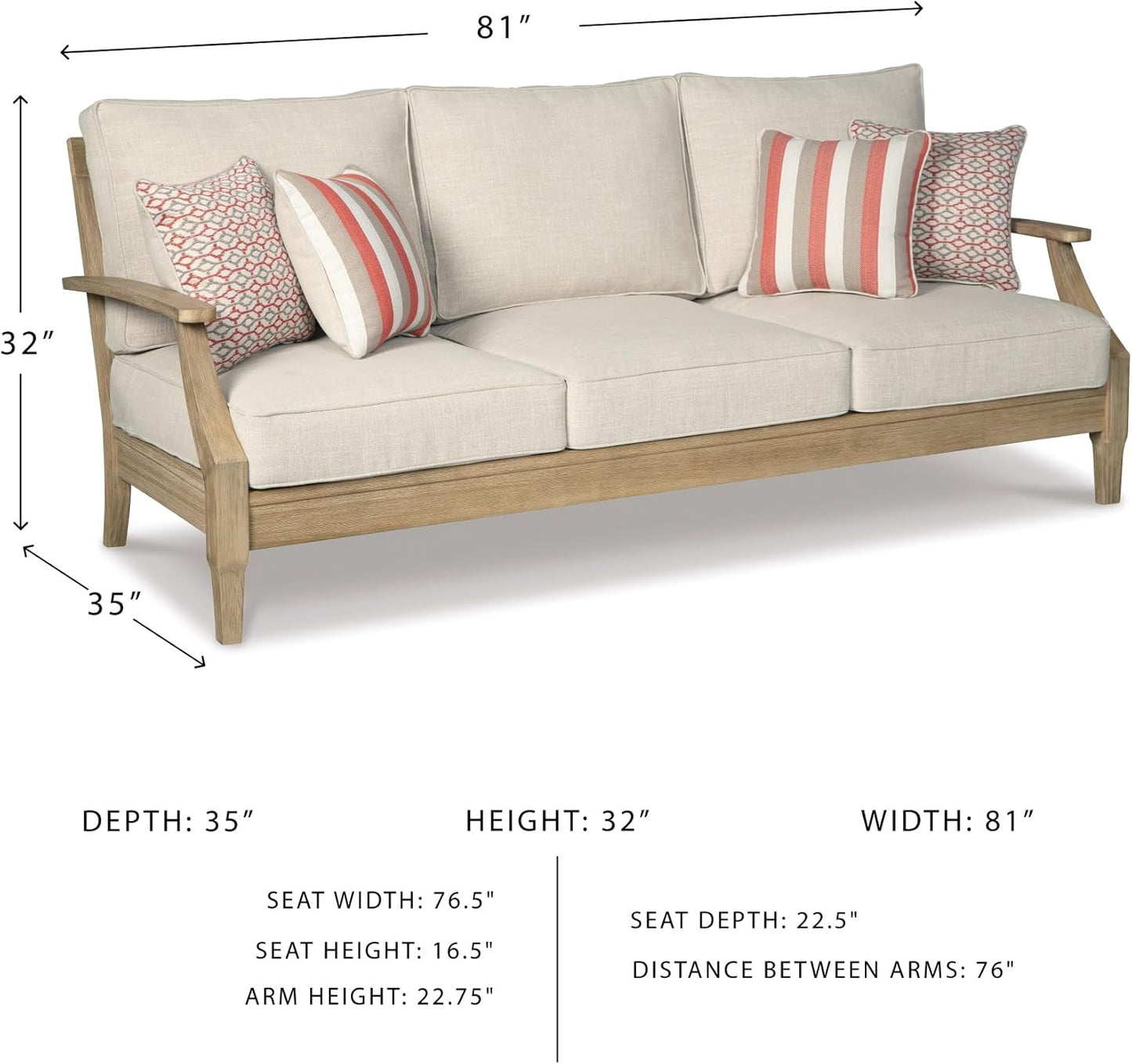 Signature Design by Ashley Clare View Coastal Outdoor Patio Eucalyptus Sofa with Cushions, Beige