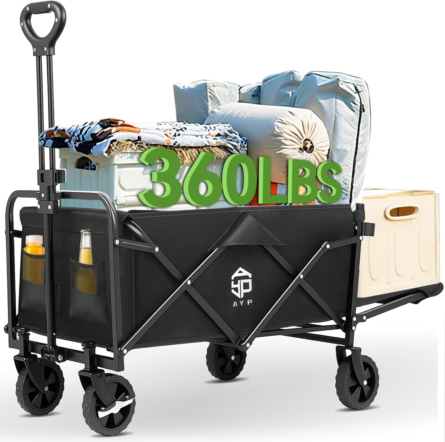 AYP Collapsible Wagon Cart Foldable with Wheels, Beach Wagon with Extended Tailgate & Brake, Heavy Duty Rolling Carts for Garden, Grocery Shopping, Camping, Outdoor Sports, Yard Work, Fishing