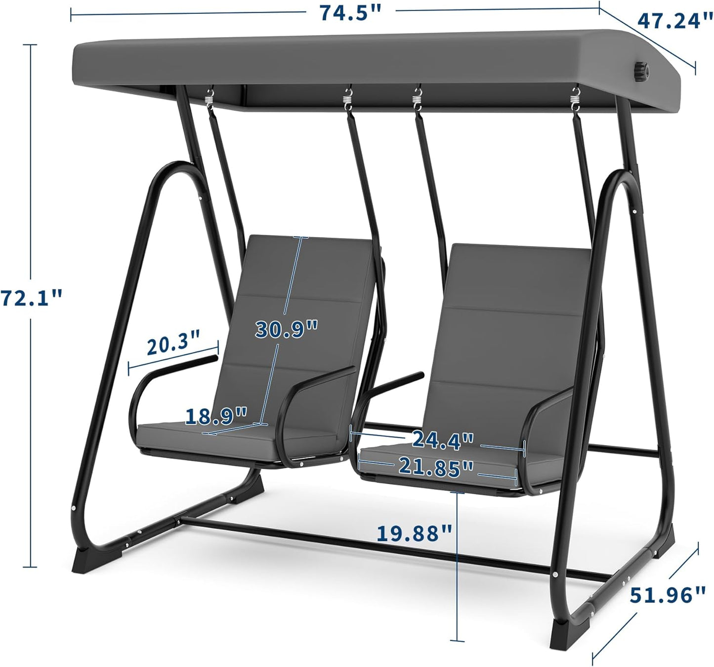 2 Person Outdoor Patio Swing Glider with Adjustable Canopy & Removable Cushions, Heavy-Duty Independent Porch Swing Chairs for Garden, Balcony, Poolside, Backyard – Dark Grey