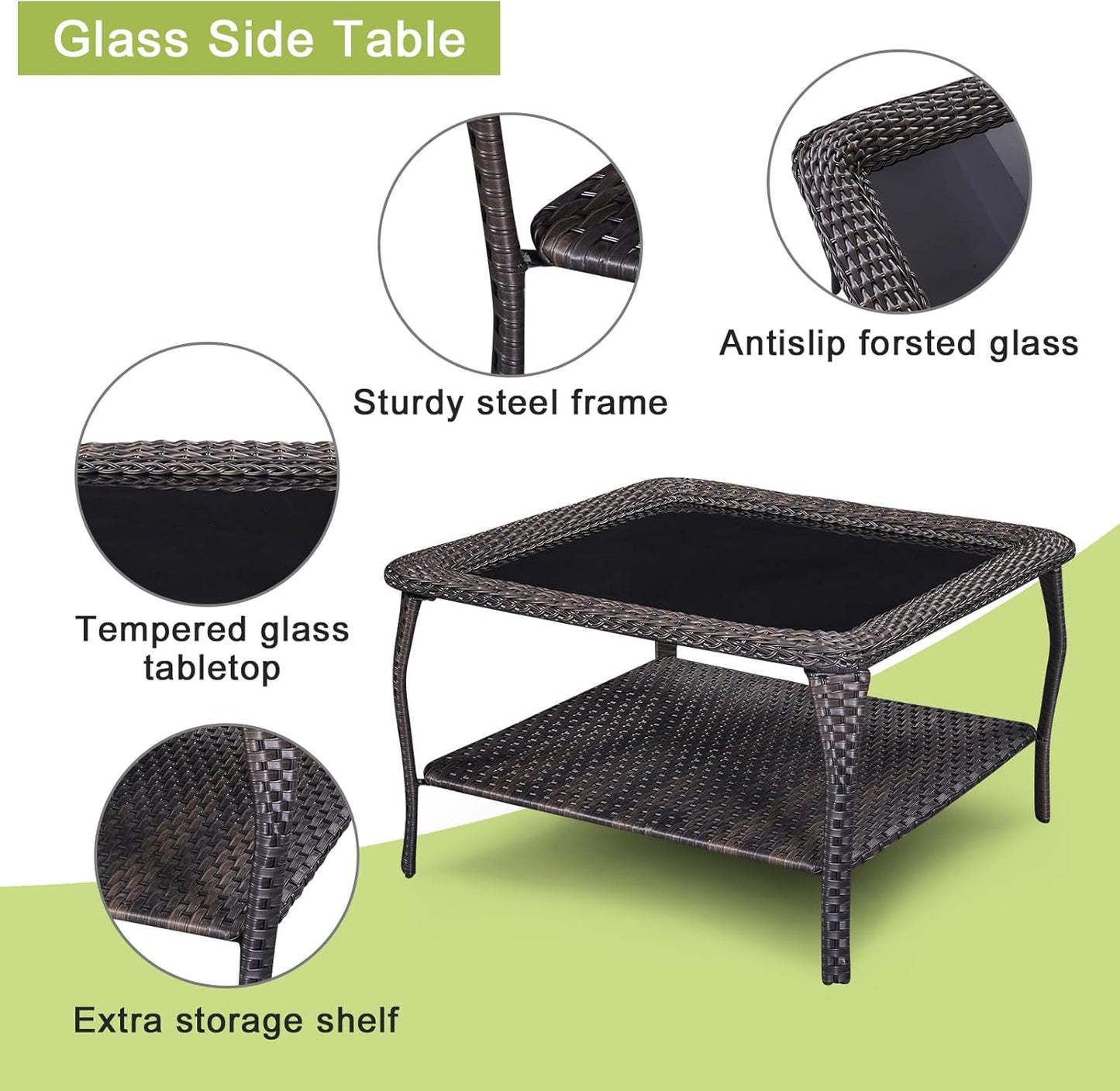 Patio Tables Outdoor Coffee Table - Wicker Rattan Coffee Tables with 2-Tier Storage Shelf Glass Top for Proch Deck Balcony Garden Squre Brown