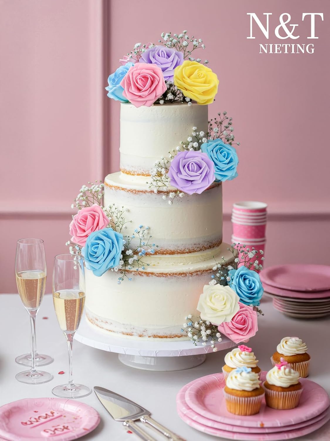 N&T NIETING Artificial Flowers, Fake Flowers Roses Perfect for DIY Wedding Bridal Bouquets Centerpieces Bridal Shower Party Home Flower Arrangement Flowers Decorations, 25Pcs, Series Color B