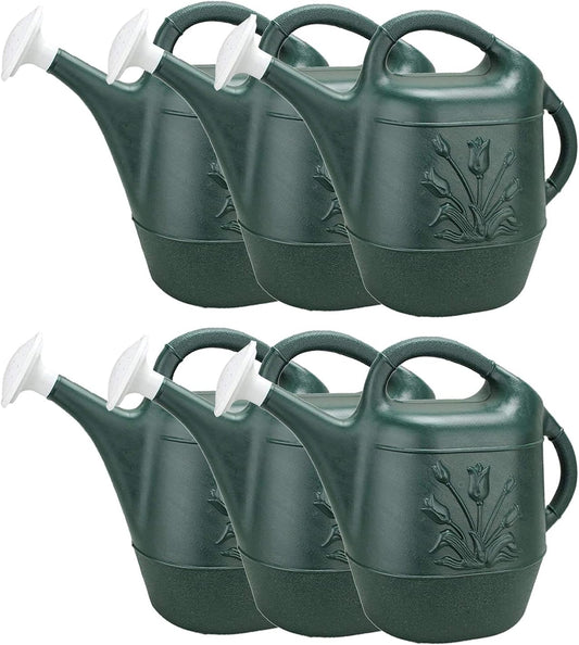 PMU 2 Gallon Watering Can - Garden Watering Can for Indoor & Outdoor Plants - Plastic Water Can with Detachable Sprinkler Head - Large Water Pot, Made in USA - Hunter Green Pkg/6