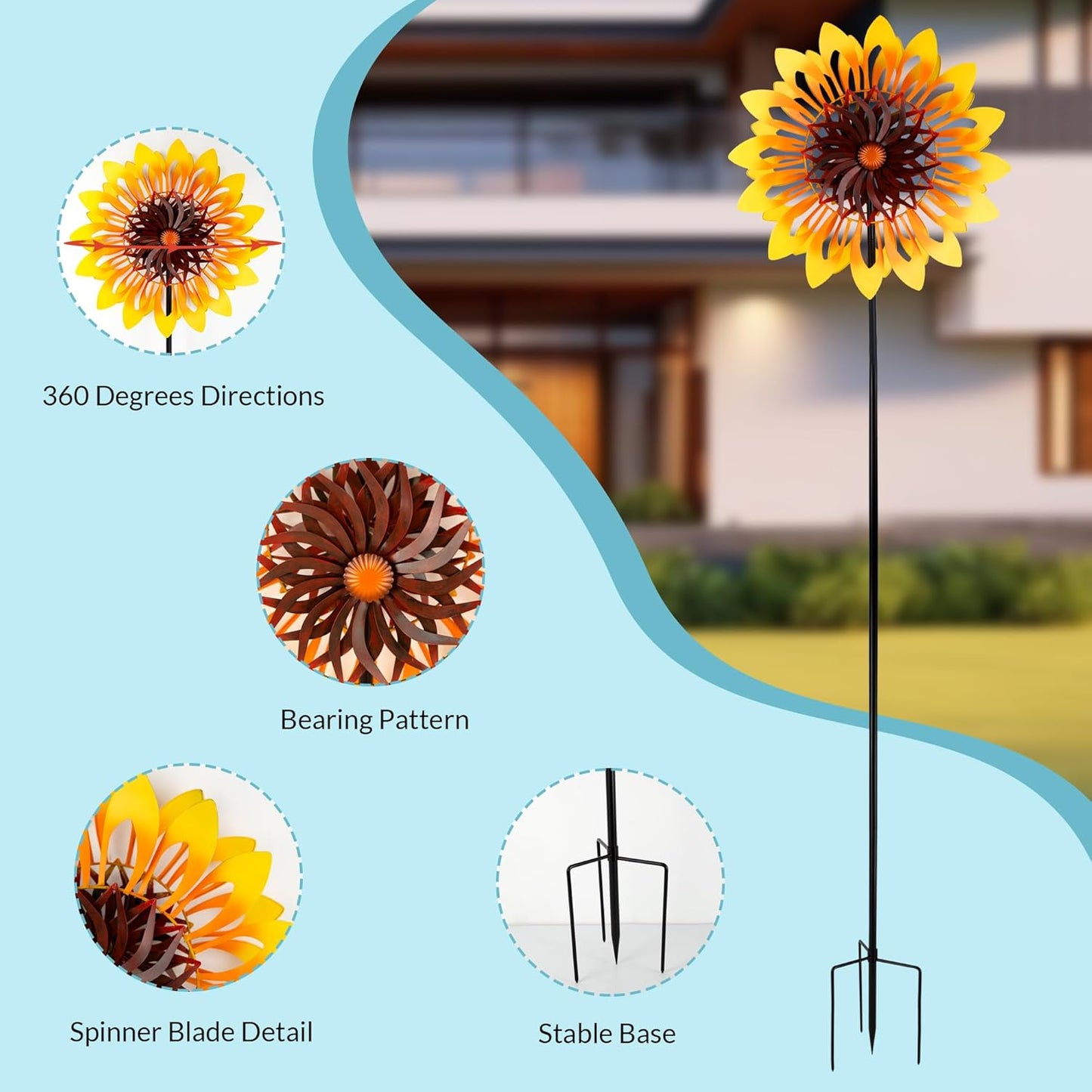 Sunflower Wind Spinners, 360 Degrees Swivel Metal Wind Sculptures, 76" Large Garden Pinwheels for Yard Lawn Patio Decor