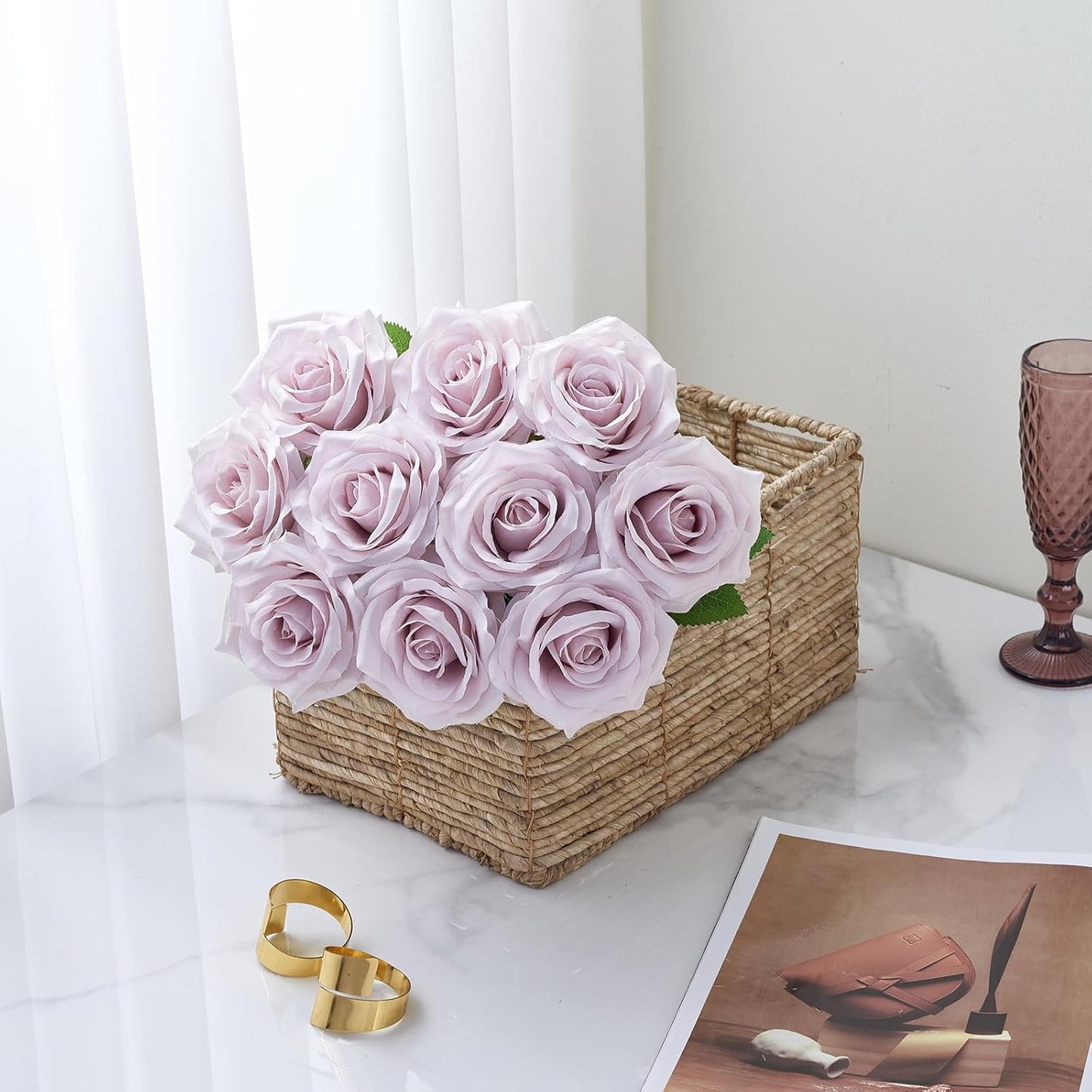 Artificial Rose 10pcs Open Flower Bouquet Faux Rose Stems for Wedding Arrangement, Bridal Bouquet, Centerpiece, Fake Faux Silk Flowers (Dusty Purple)