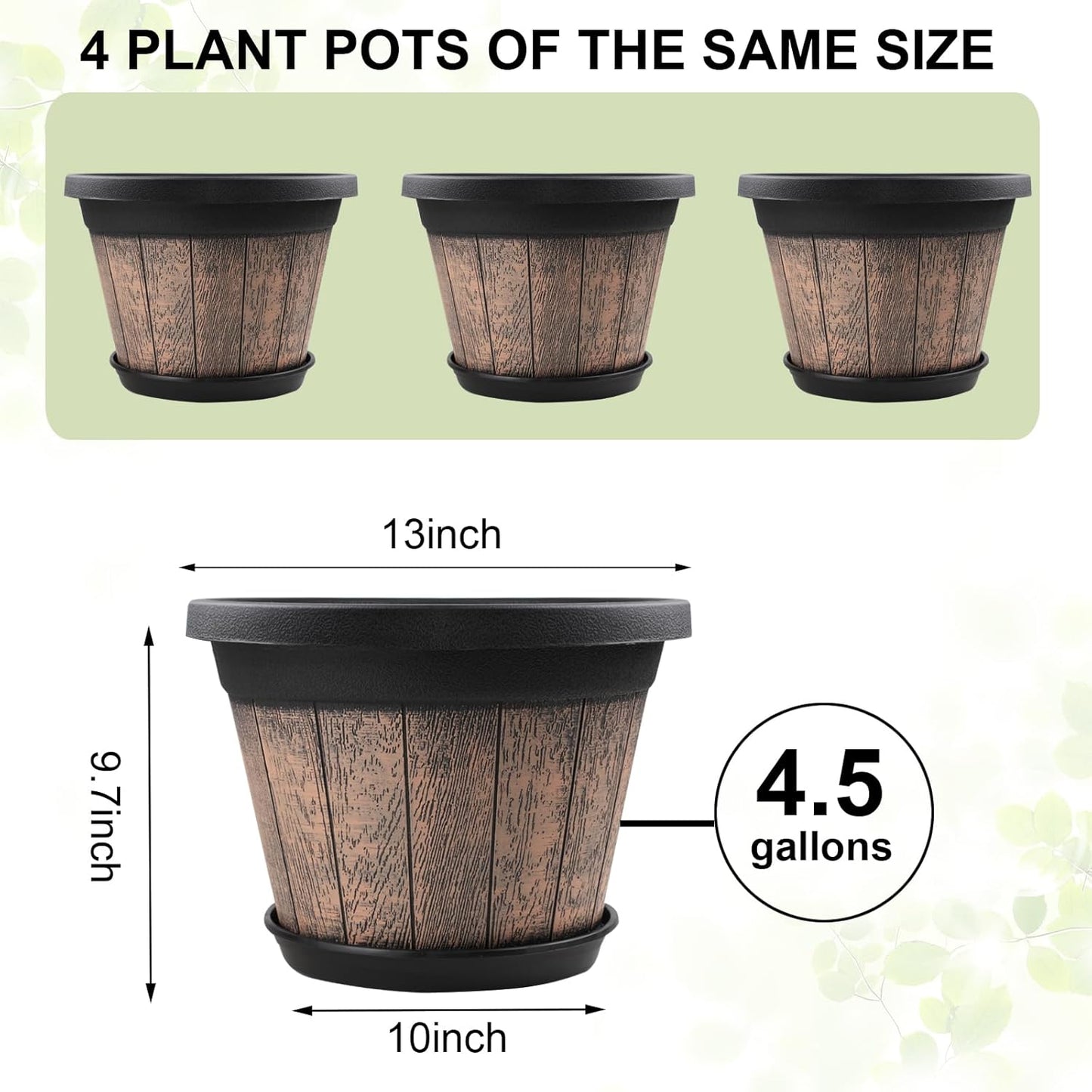 Quarut Large Plastic Plant Pots Set of 4 Pack13 inch,Whiskey Barrel Planters with Drainage Holes & Saucer.Flower Pots Imitation Wine Barrel Design for Indoor & Outdoor Garden Balcony Plants (Brown)