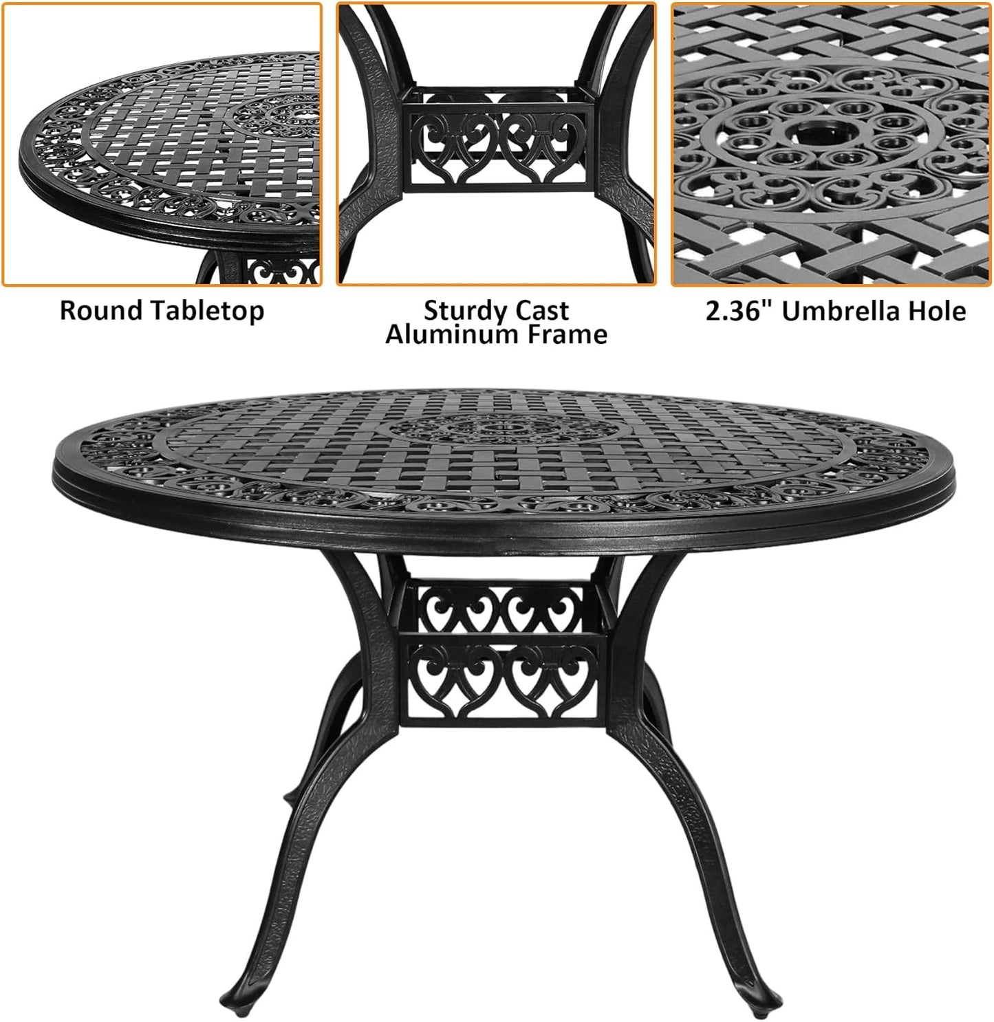 Cast Aluminum Patio Table,48" Round Patio Dining Table for 4-6 Person with Umbrella Hole,Metal Patio Table Outdoor Round Bistro Dining Table for Garden,Yard,Black