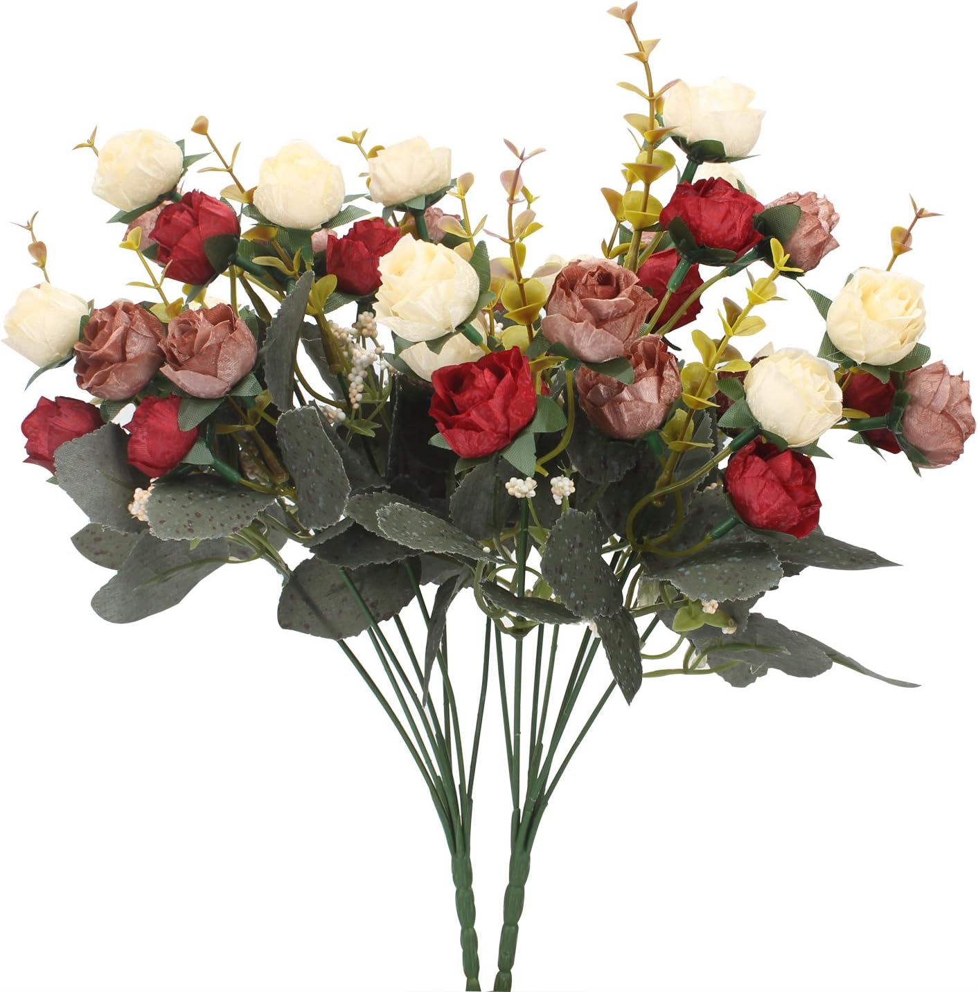 Duovlo 7 Branch 21 Mini Rose Heads Artificial Flowers Bouquet Wedding Home Office Decor,Pack of 2 (2 PCS Red)