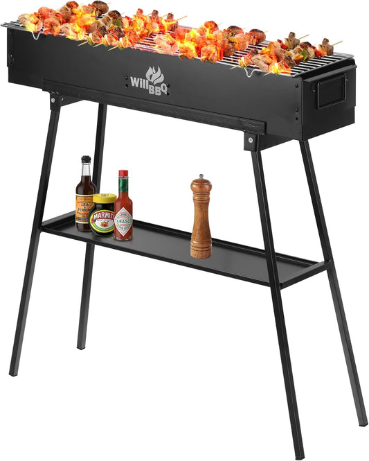 Charcoal Grills Commercial Quality Portable Multiple Size Hibachi BBQ Lamb Skewer Folded Camping Barbecue Grill for Backyard Party Picnic Travel Outdoor Cooking Use(31.6x7.1x5.1 inch),BLACK