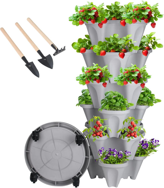 DUNCHATY Stackable Planter, Vertical Garden Planter with Wheels and Tools, Self Watering Strawberry Planter Indoor/Outdoor 6 Tier Herb Planter Pots for Growing Vegetables and Succulents,Gray