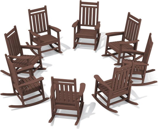 SERWALL HDPE Outdoor Rocking Chair Set of 8, Patio Rocking Chairs for Adults, All Weather Outdoor Rockers for Lawn, Brown