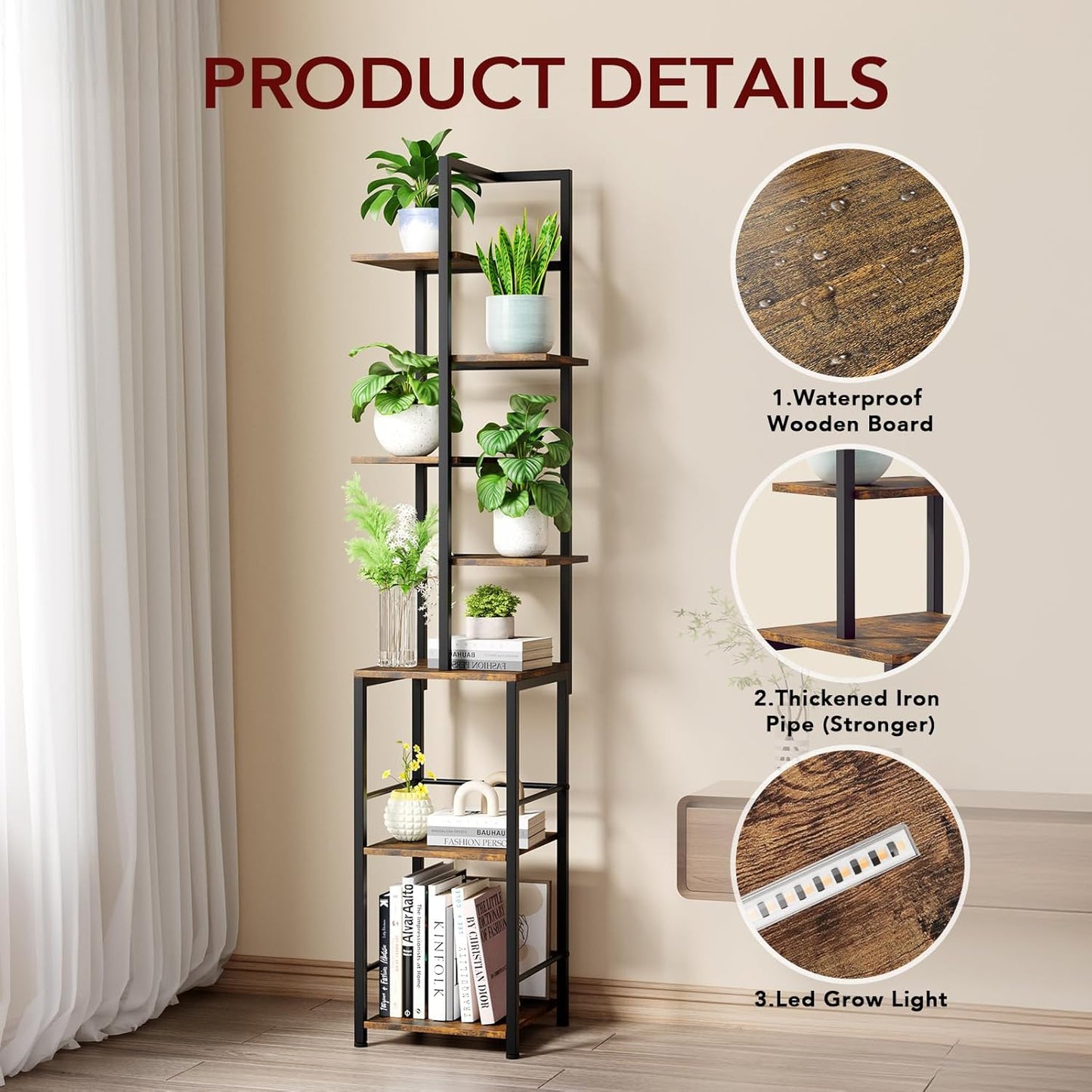 Plant Stand Indoor with Grow Light, 7-Tiered Tall Plant Stand Indoor, Metal Plant Shelf with Bookshelf Bookcase and Adjustable Light, Ideal for Living Room, Reading room, Garden, Patio (Brown)