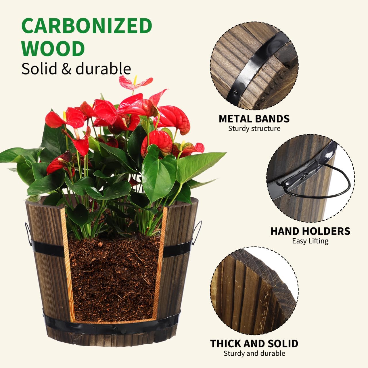 Wooden Whiskey Barrel Planter Garden Flower Pot Decor Wood Planter Plant Container Box 15x12x13cm