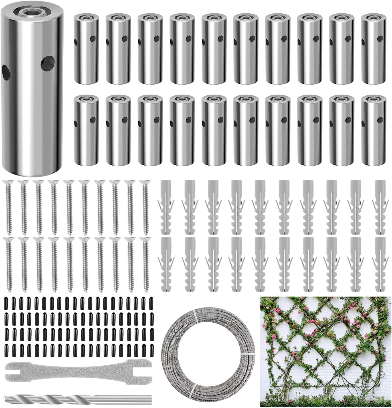 20 Sets Cylindrical Hubs Wall Trellis Kits, Wire Trellis for Climbing Plants Outdoor with 98Ft x 1/8" T316 Stainless Steel Rope, Garden Wire Trellis System for Espalier & Vertical Gardening