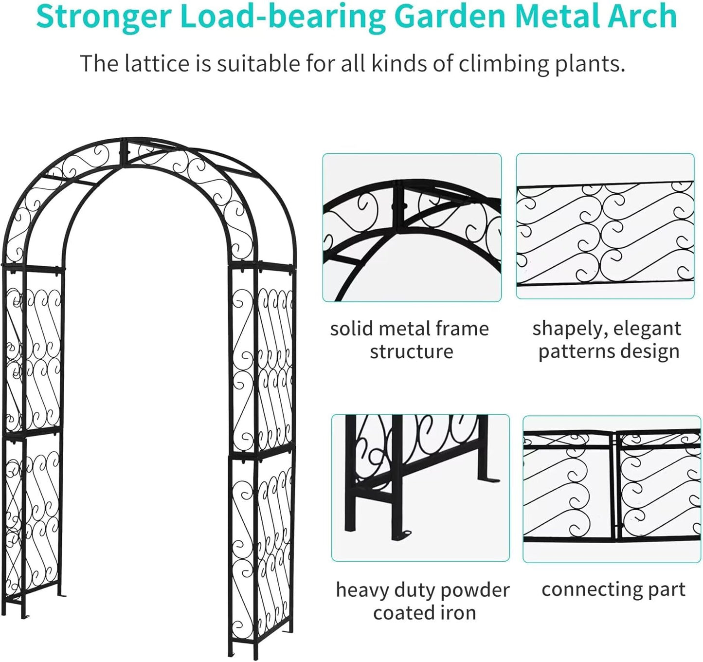 SCENDOR 48.8" W x 83.8" H Garden Arch, Black Sturdy Metal Iron Arbor, Courtyard Cast Trellis for Various Climbing Plant, Outdoor European-Style Archway Wedding Ceremony Party