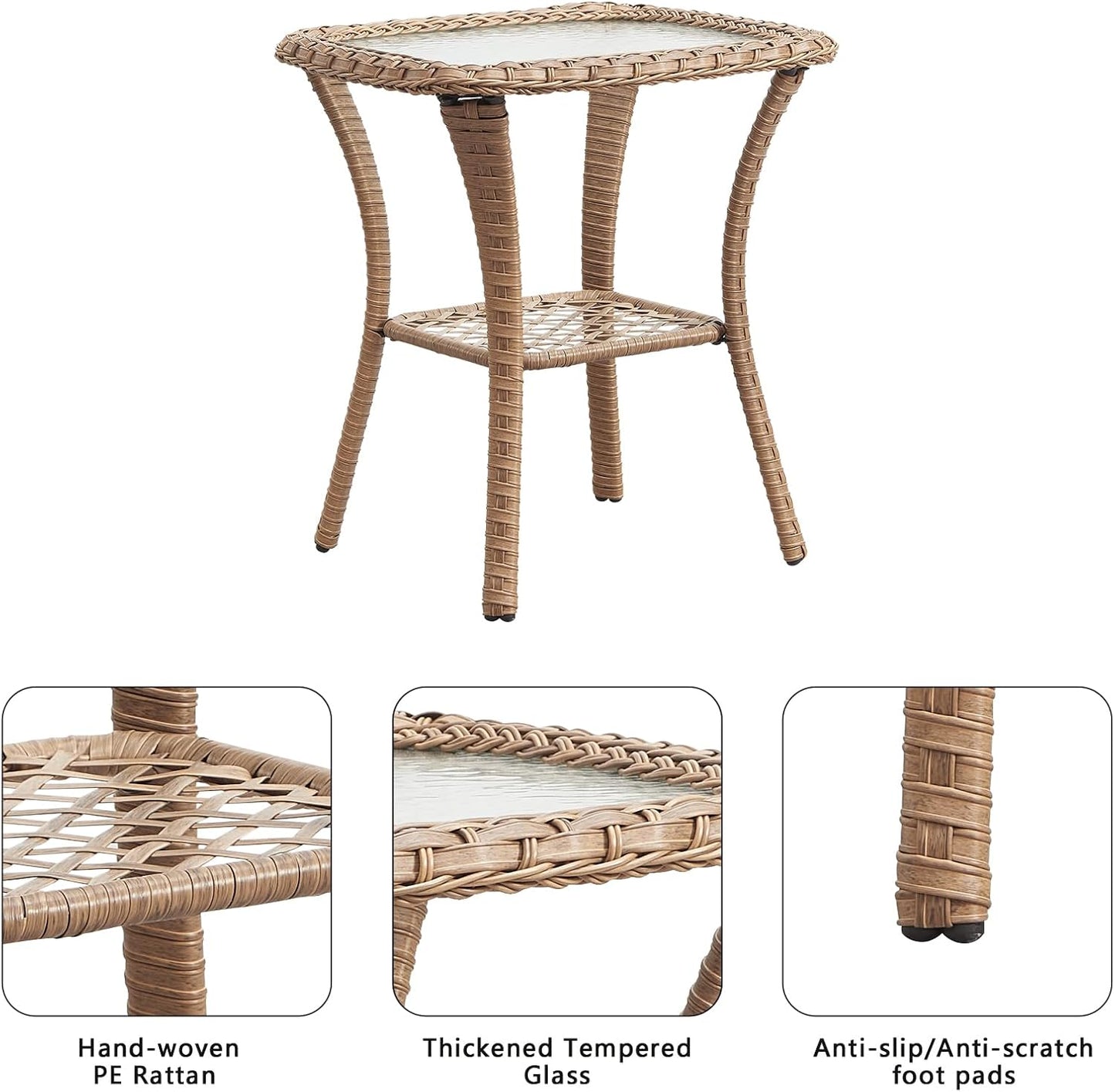 Patio Tables Wicker Side Table - Rattan Coffee Tables with Glass Top End Table for Outdoor Outside Patio Porch Square Yellow