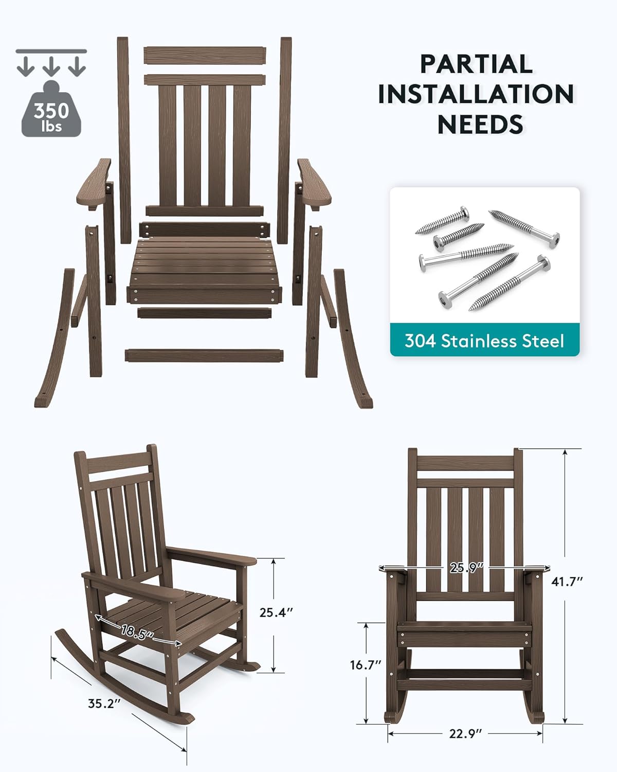 SERWALL Oversized Rocking Chair, Outdoor Rocking Chair for Adults, All Weather Resistant Porch Rocker for Lawn Garden, Brown