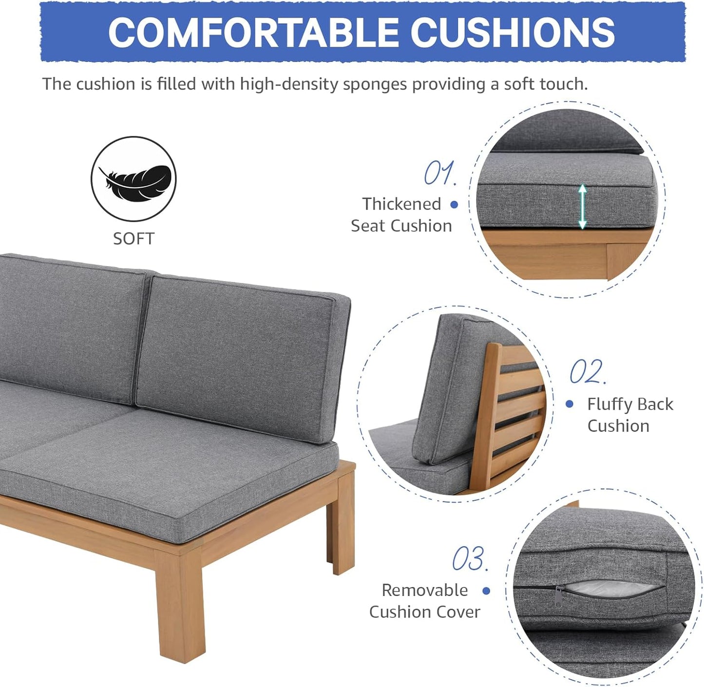 SUNSITT 6 Piece Acacia Wood Patio Furniture Outdoor Sectional Sofa Set with Adjustable Armrest, FSC Certified L-Shaped Patio Set w/2-in-1 Coffee Table, Grey Cushions