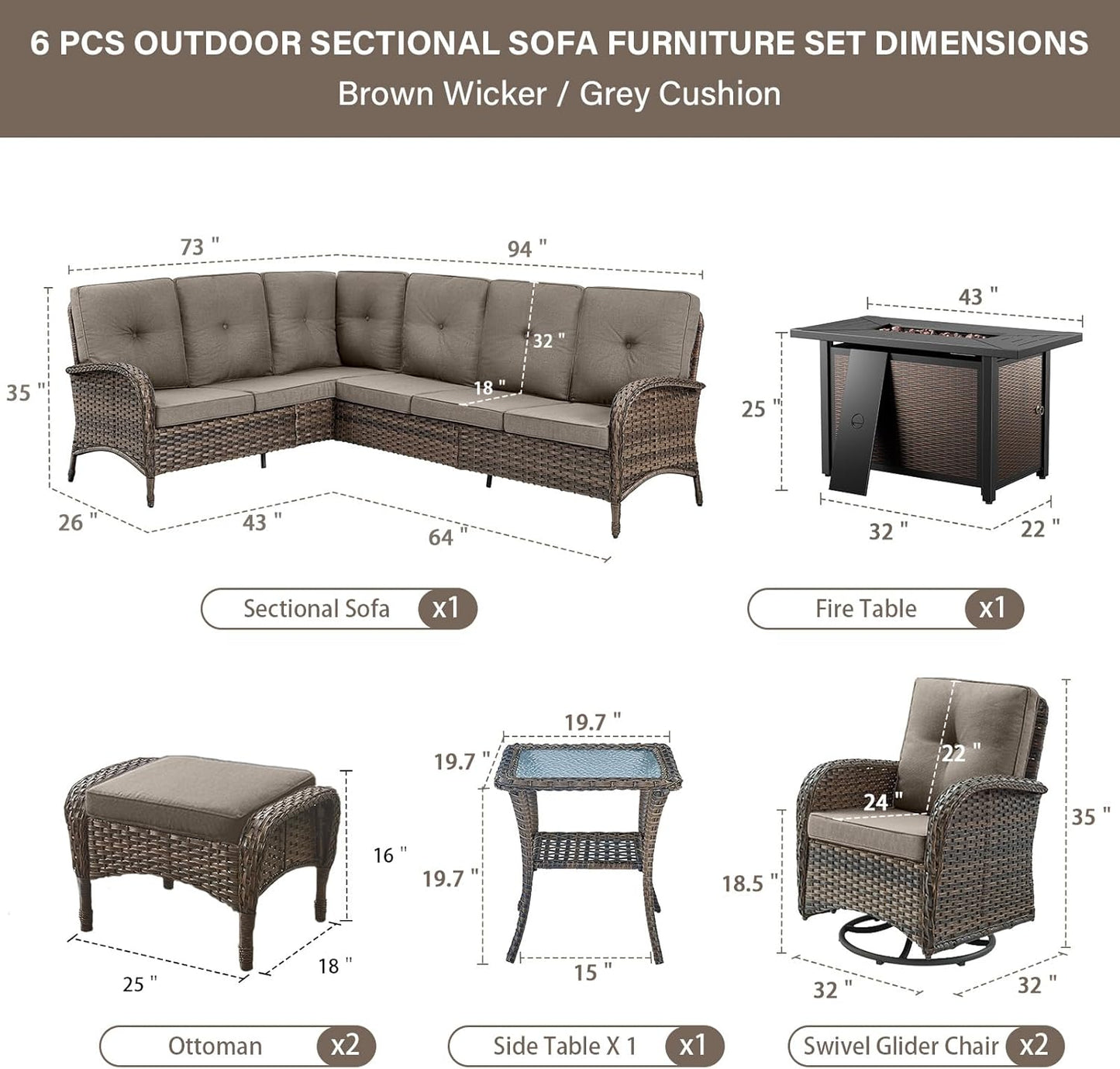 8 Pieces Patio Conversation Set with 43” Propane Fire Pit Table, Outdoor Sectional Furniture Sofa Set with Removable Cushions for Patio Deck Backyard Brown