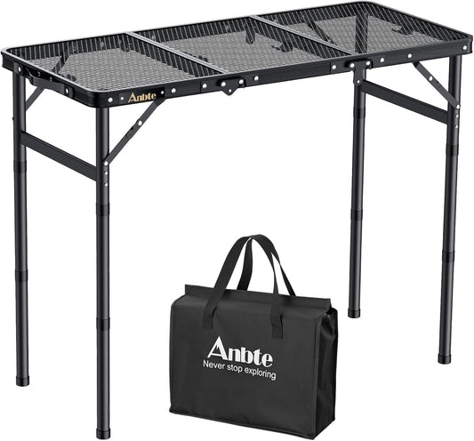 Folding Grill Table, Aluminum Camping Table Adjustable Height Max 27.5" Picnic Table Outdoor Table, Lightweight, Portable Handle for Travel Cooking BBQ Picnic, 35" x 16", Black