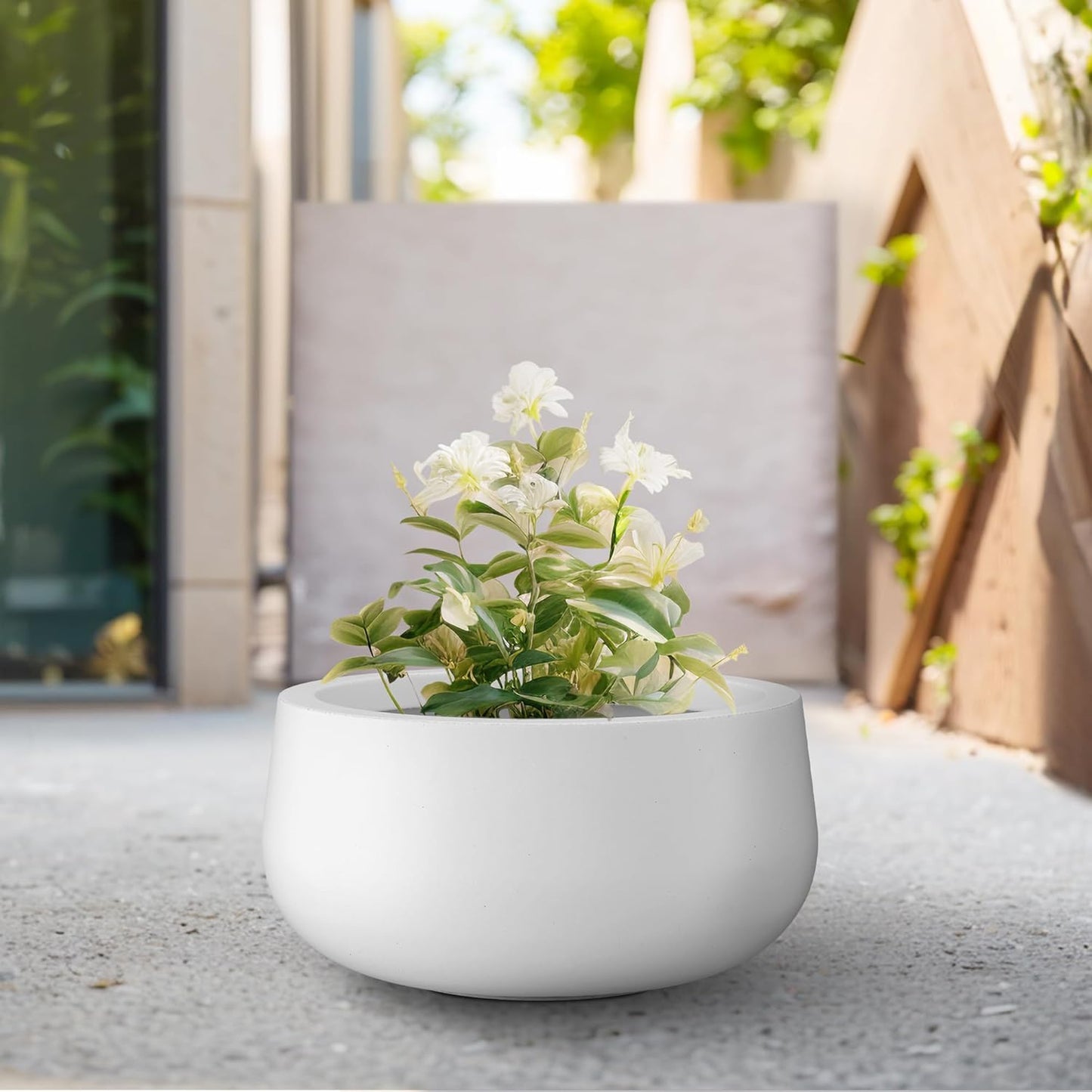 Kante 11.8" Dia Round Concrete Planter, Cement Plant Pots with Drainage Hole and Rubber Plug for Outdoor Indoor Garden Home, Modern Curvaceous Design, Pure White