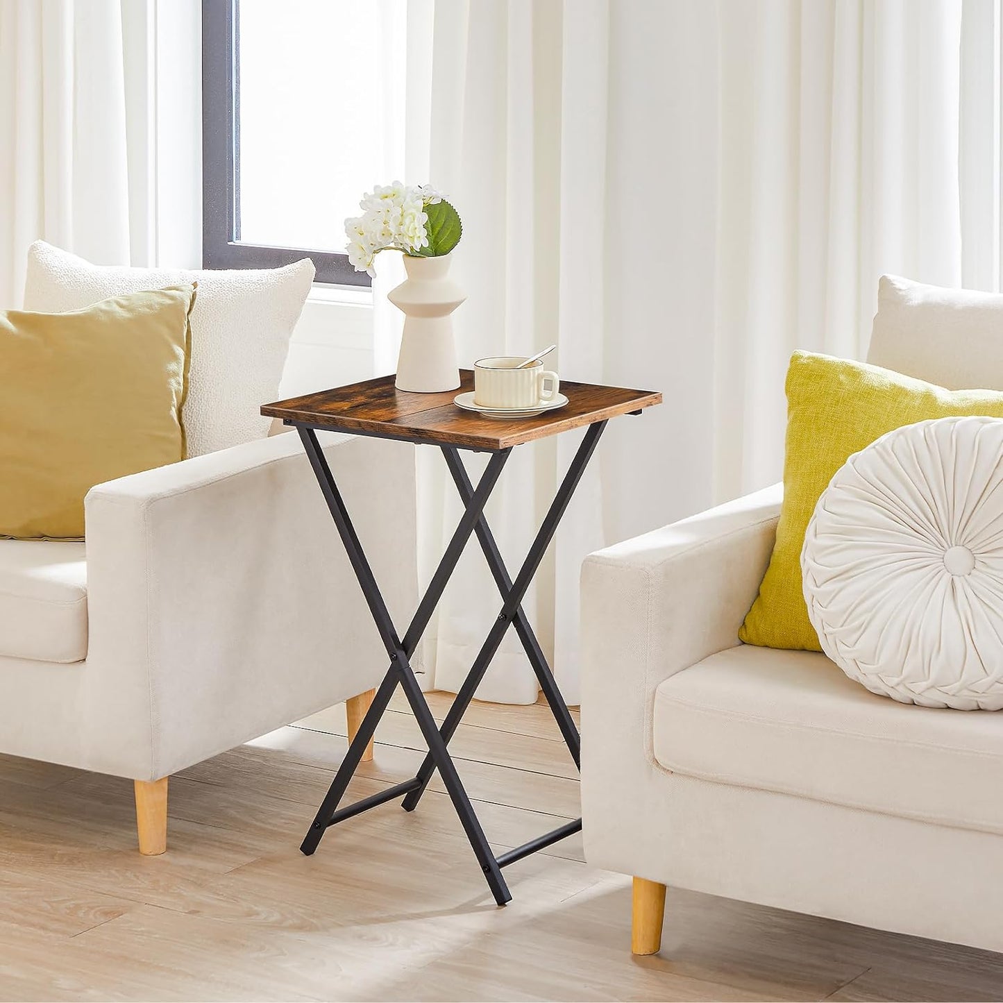 HOOBRO Folding TV Tray Table, Wooden TV Tray, Portable Sofa Side Table, Industrial Snack Table End Table for Small Spaces, Space-Saving, Easy to Install and Fold, Rustic Brown and Black BF27BZ01