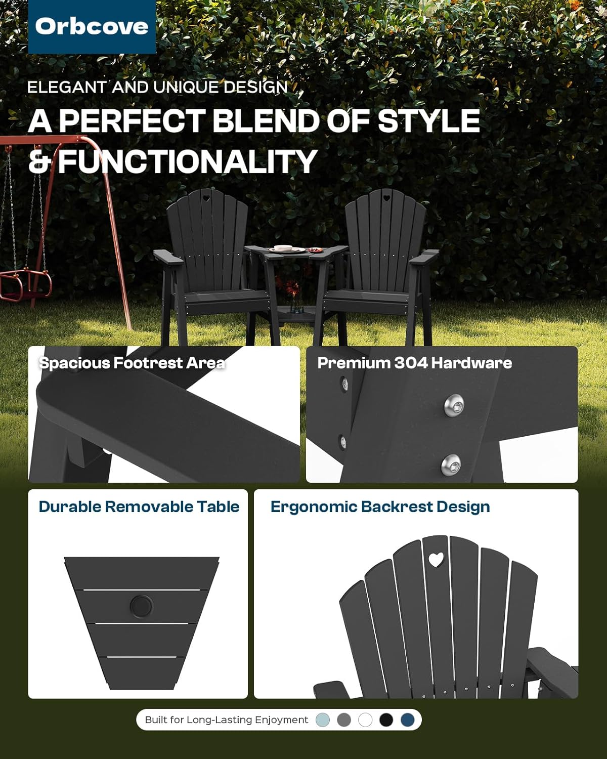 Tall Adirondack Chairs Set of 2 with Double Layer Connecting Table, HDPE Bar Height Outdoor Table and Chairs with Umbrella Hole, All Weather Outdoor Bar Stools for Patio, Deck,Backyard(Black)