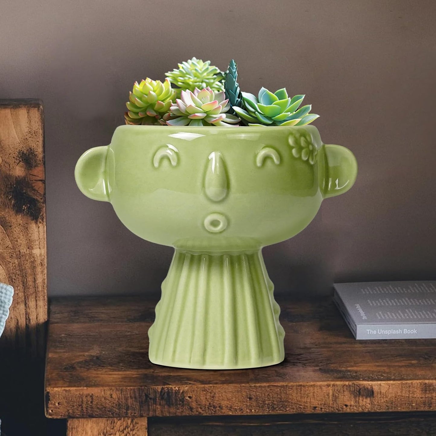 Face Planter Pot - 7 Inch Ceramic Head Planter for Indoor Plants Outdoor, Cute Succulent Flower Pots with Drainage Hole, Room Home Garden Decor, Gardening Gifts, Green