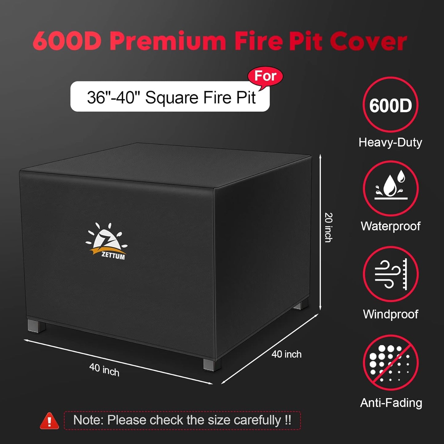 Fire Pit Cover Square 40 Inch - Outdoor Firepit Cover Heavy Duty & Waterproof, 600D Patio Fire Table Cover Gas Fire Pit Accessories Fade & Weather Resistant - 40 x 40 x 20 Inch