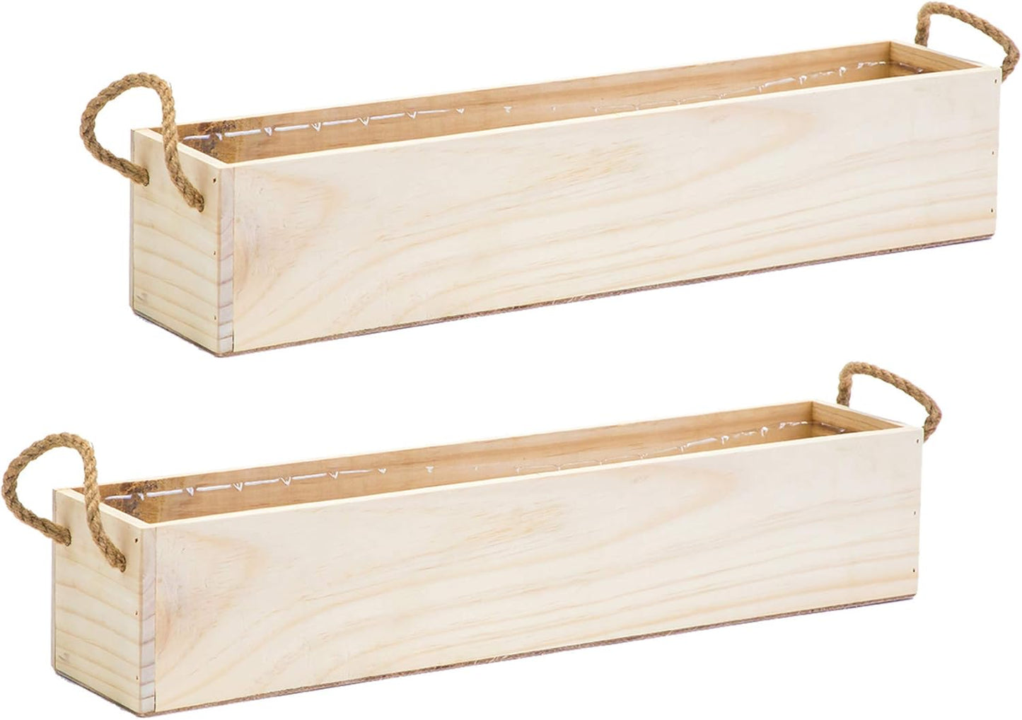 Wooden Planter Box, Rustic Barn Wood/Whitewash with Plastic Liner l Garden Decor l Restaurant and Wedding Decorations l Table Centerpiece (20x4 w Handle Set of 2, Rose Wood)