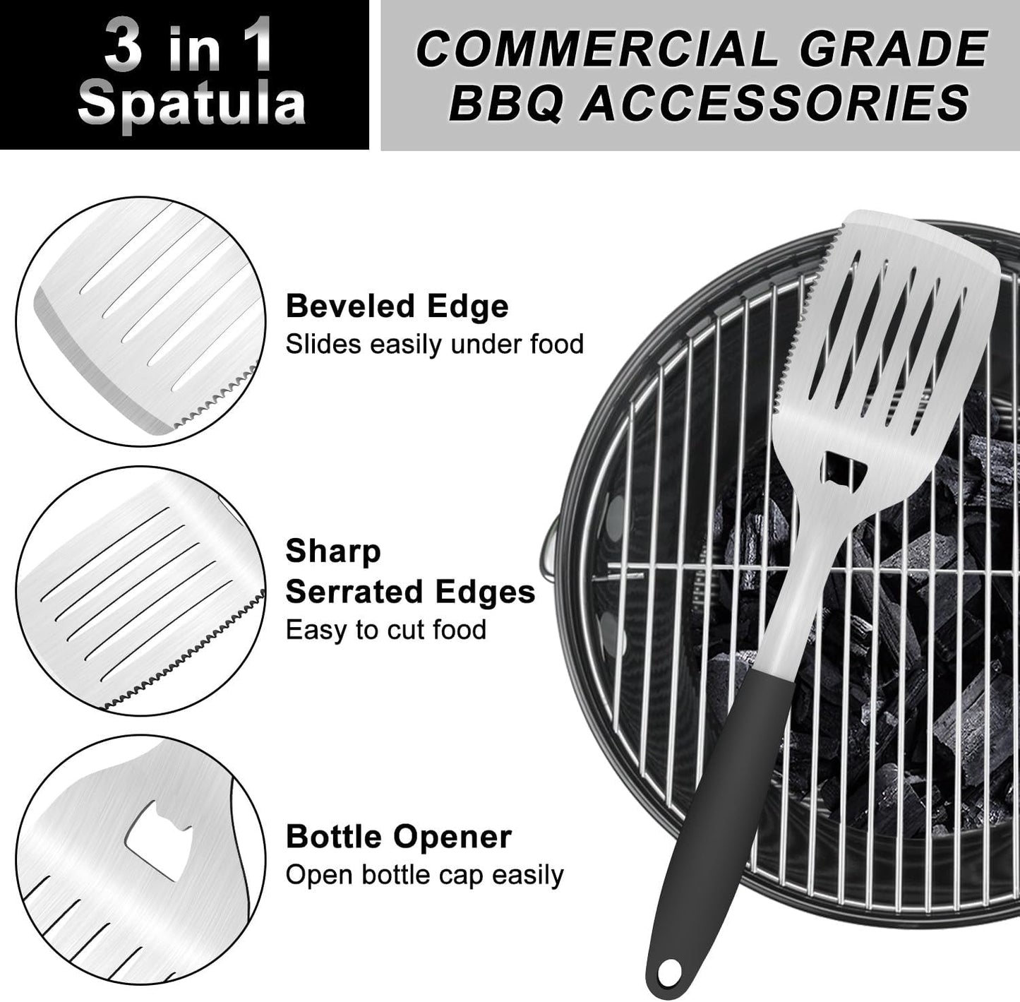 Grill Tools BBQ Accessories Set of 2, 15.8'' Heavy Duty Stainless Steel Grill Utensils with Grill Spatula and Fork, Full Tang Silicone Handle, Outdoor Grilling Tools Barbecue Accessories