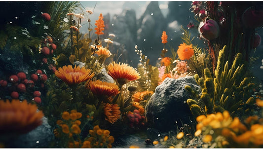 Foggy Stone Terrarium Background Green Seaweed Scenery Orange Floral Aquarium Background Durable Reptile Habitat Flower Background Mysterious Tank Backdrop Vinyl 36x18in