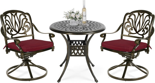 VIVIJASON 3-Piece Patio Furniture Dining Set, Outdoor All-Weather Cast Aluminum Bistro Set, Include 2 Swivel Chairs and 31" Round Table w/Umbrella Hole for Balcony, Lawn, Garden (Red Cushion)