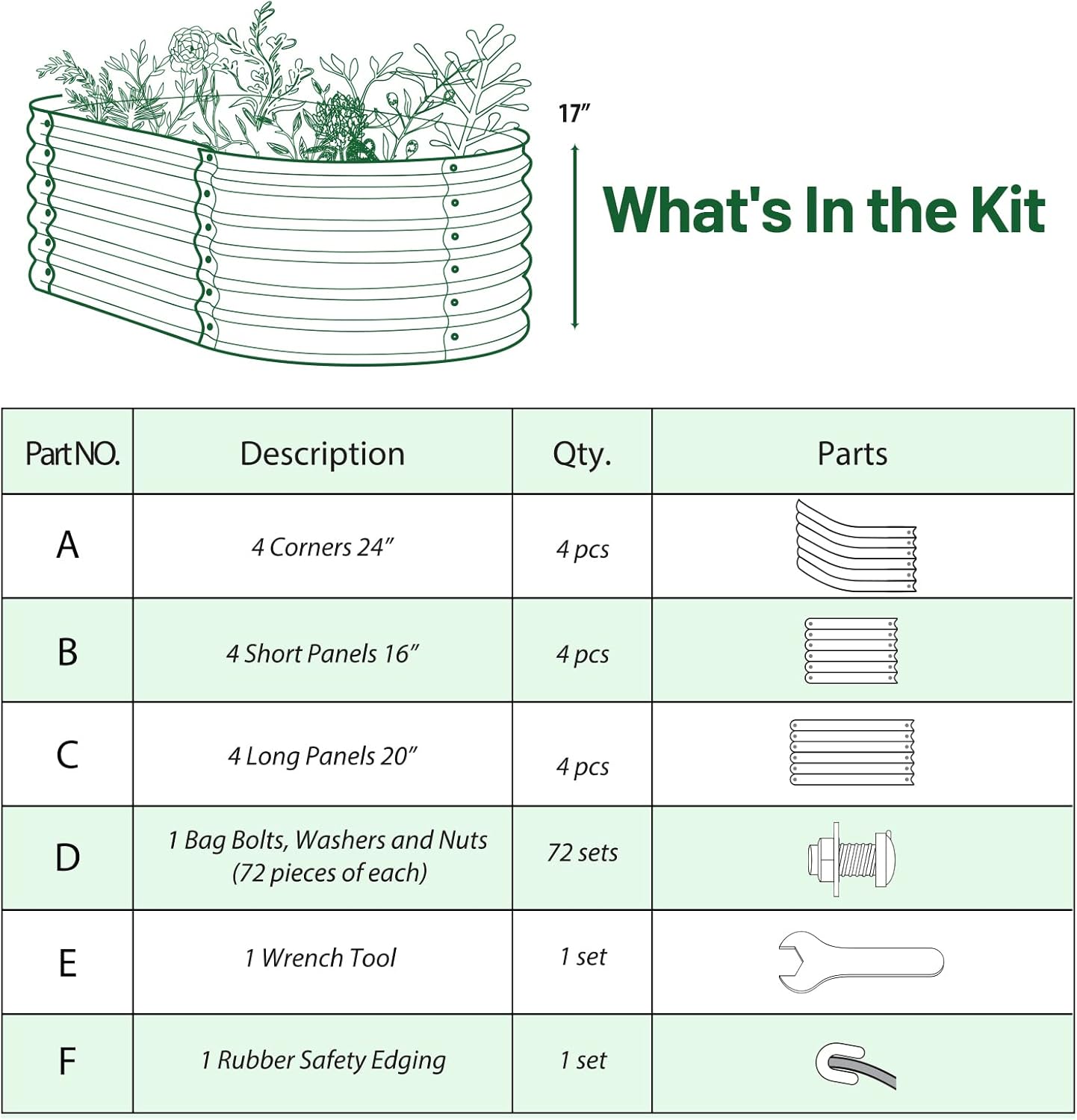 Olle 17" Tall Raised Garden Bed Kit Fruits Vegetables Flowers Planter Box 12-in-1 Galvanized Planter Boxes for Outdoors Size 5X5 Feets 8X2 Feets, Midnight Grey 17" Tall