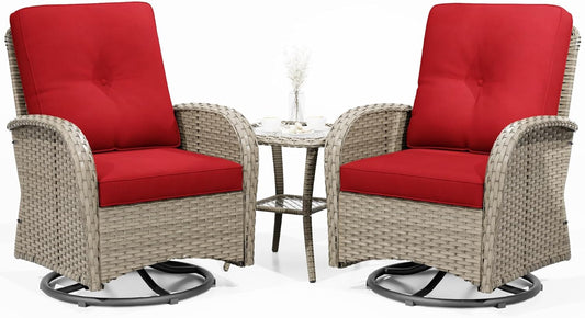 Joyside Outdoor Swivel Rocker Chairs, 3 Piece Wicker Patio Set with Thick Cushion and Side Table, Rattan Patio Swivel Rocking Chairs for Porch, Deck Use (Natural/Red, 3 PCS)