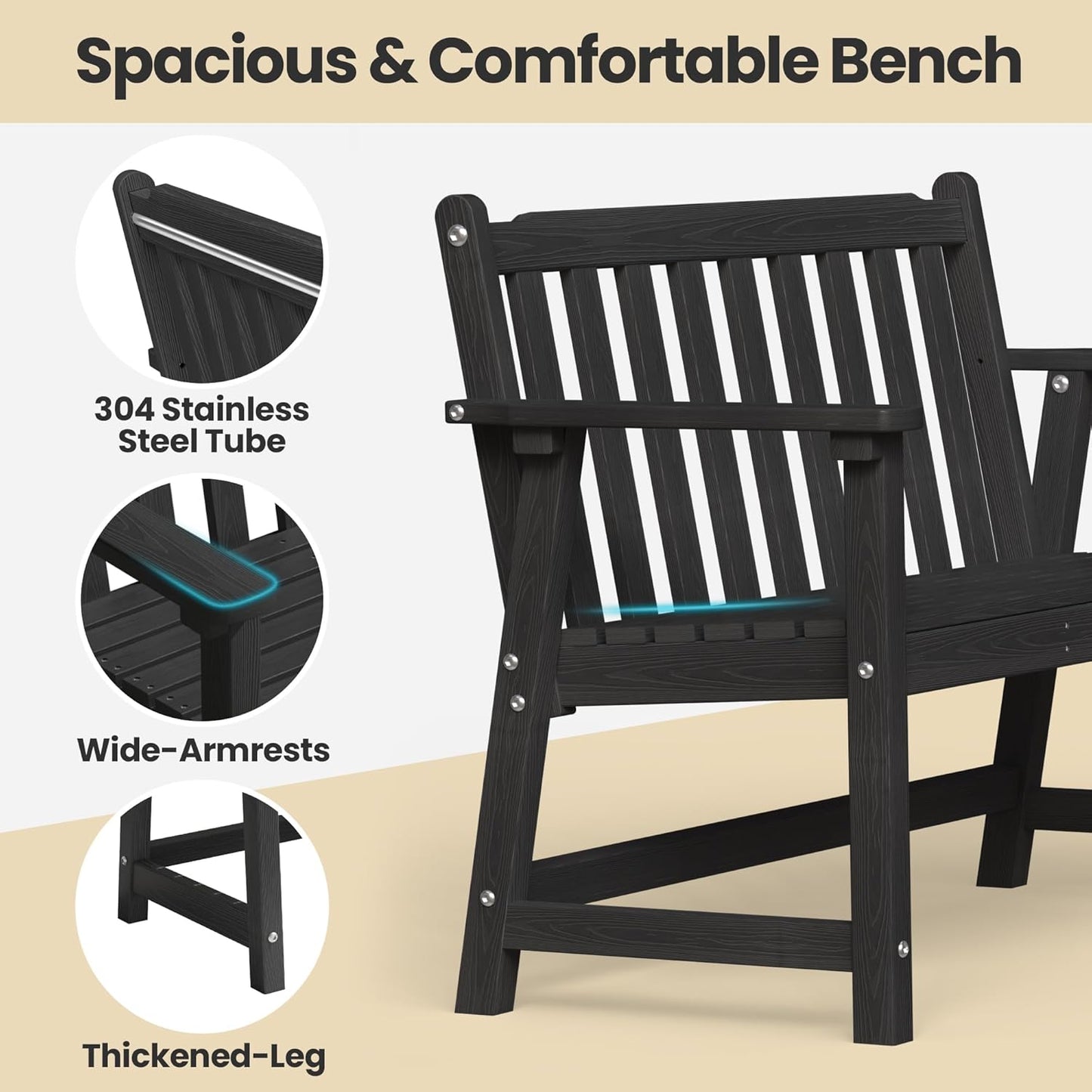 Ciokea 44" Outdoor Bench, HDPE Weatherproof Garden Bench, 2-Person Porch Benches with 550 Lbs, Waterproof Patio Benches for Outside Balcony Deck Backyard, Black