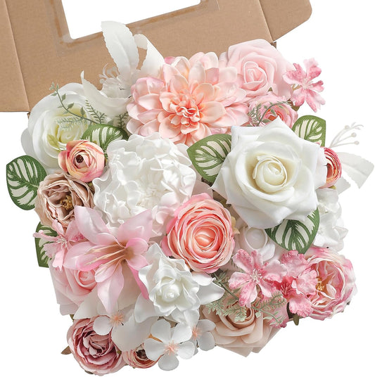 White Pink Artificial Flowers Silk Fake Roses Peonies Greenery Combo Box Set for DIY Wedding Bouquets Bridal Shower Centerpieces Floral Arrangements Party Tables Home Decoration