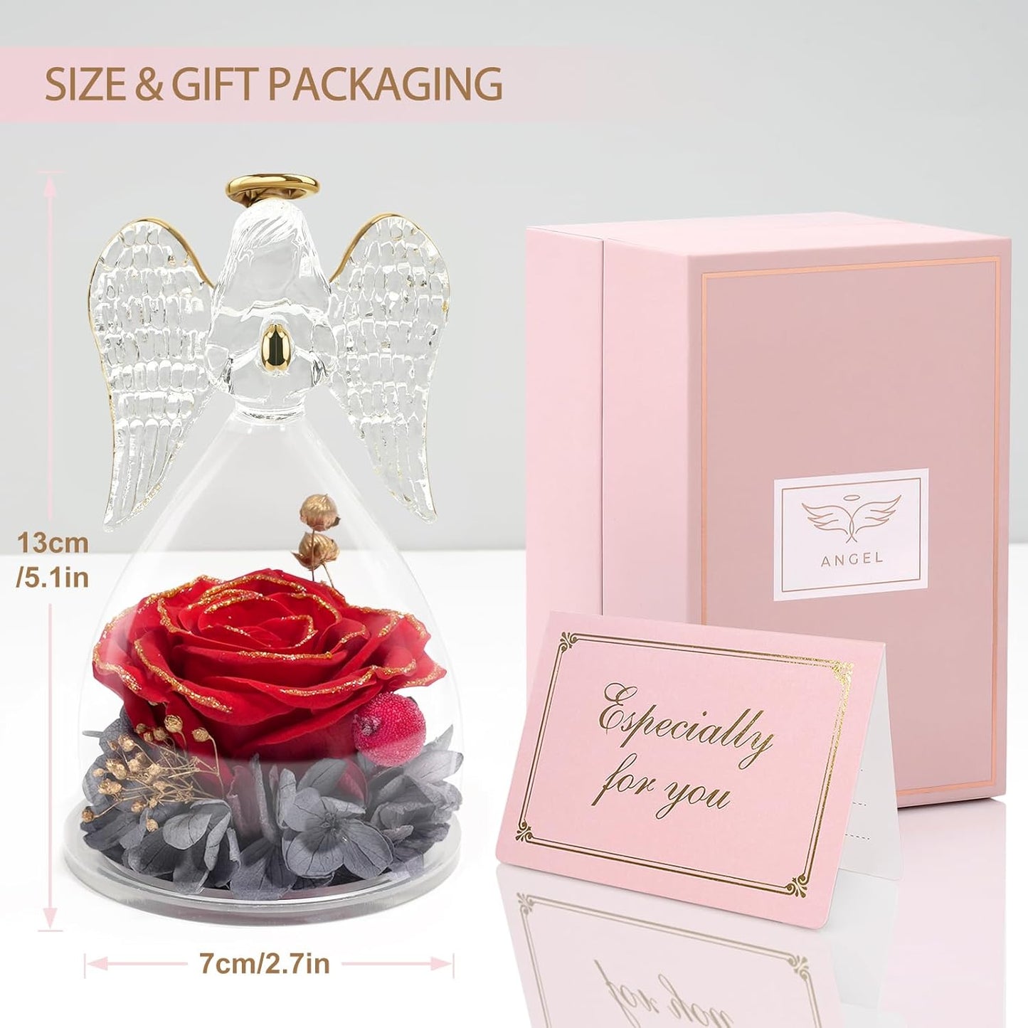 Yamonic Mom Birthday Gifts for Moms, Angel Figurines with Real Rose Gifts for Her Mother Grandma, Preserved Flowers Rose Angel Figurines for Mothers Day Christmas Birthday Gifts for Women(Redgold)