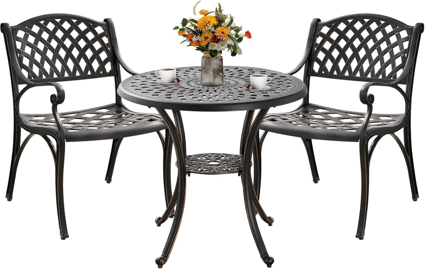 Bistro Set 3 Piece Outdoor Cast Aluminum Patio Bistro Set Patio Set Metal Bistro Table and Chairs Set of 2 with Umbrella Hole for Deck, Gardens, Bronze (Woven Backrest)